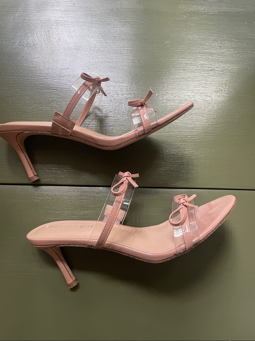 Nude Patent Slide heels with Clear Straps and  bows